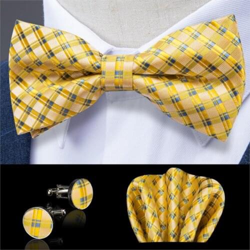 Yellow Plaid Silk Bowtie Butterfly Tie Adjustable Formal Pre-Tied Bowtie Pocket Square Cufflinks Set for Tuxedo DiBanGu JM-114
