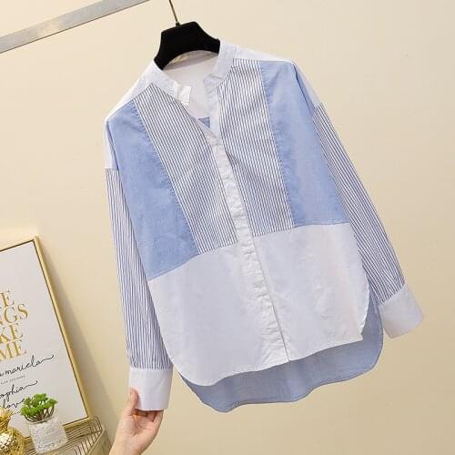 Striped Stitch Long Sleeved Plus Size Korean Autumn Elegant Fashion Blouses And Tops WomenS Oversize Shirt Clothing 2021 Female