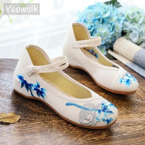Veowalk Chinese Embroidery Women Canvas Ballet Flats Handmade Ladies Casual Comfort Ballerinas Woman Soft Teachers Shoes