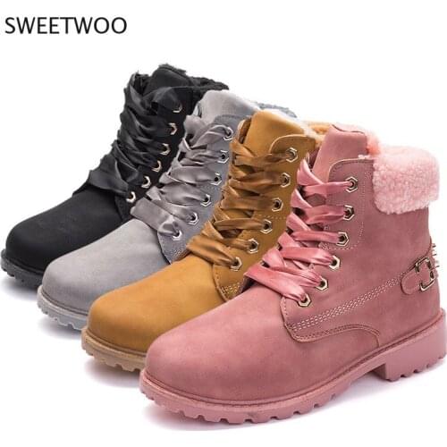Women Round Toe Snow Boots Warm Plush Lace Up Ankle Boots For Winter 2021