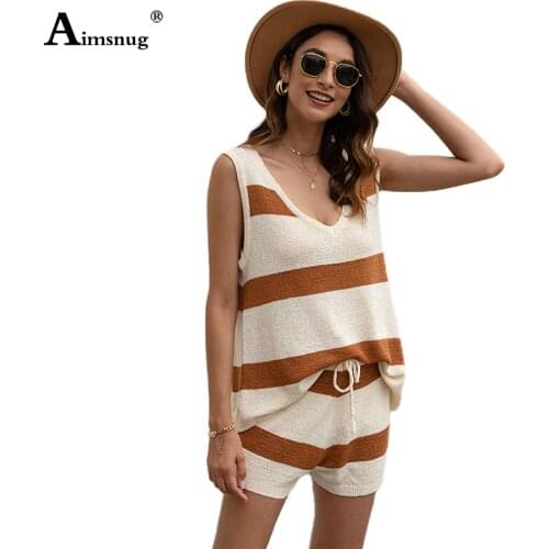Aimsnug Women V-neck Kintted Tank Top n Shorts Set 2020 Summer New Sleeveless Vest Clothing Stripe Print Two Piece Outfits