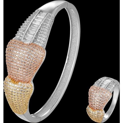 Zlxgirl jewelry very nice bow shape gold bangle with ring of wedding bridal jewelry sets fashon women size zirconia bracelet set