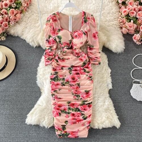 Menahem Runway Rose Flower Sexy Bodycon Midi Party Club Dresses Women Square Collar Puff Sleeve Sheath Stretch Draped Vestidos