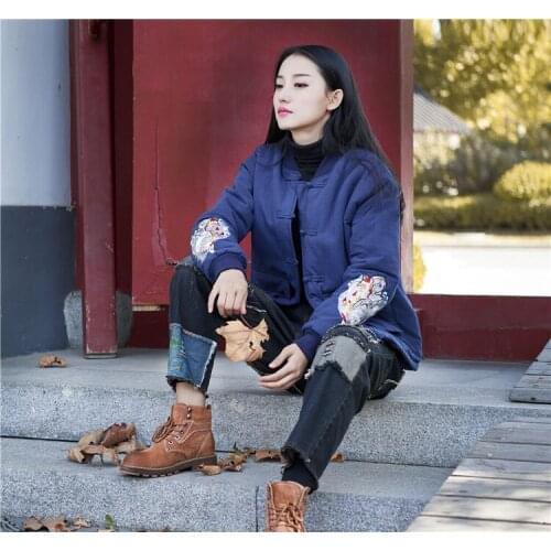 Women Winter Cotton Linen Embroidered Pattern Coat Padded Outwear Parkas Pocket Retro Vintage Single Breasted Short Overcoat