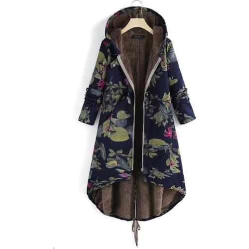 Women Winter Coat Parkas Casual Floral Print Hooded Zipper Cotton Warm Coat Vintage Pocket Loose Thick Plus Size Lady Outwear#G7