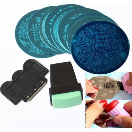 10pcs Stainless Nail Art Plates Random Set Manicure Tools with 1 Stamper 1 Scraper Pattern Template Stencils