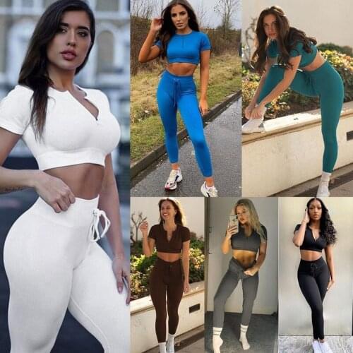2021 Seamless Sports Yoga Workout Clothes Short Sleeve Trousers Suit Drawstring Zipper New Womens