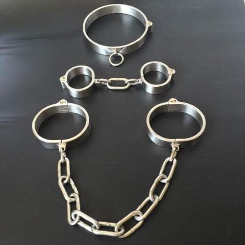 3Pcs/Set(Handcuffs+Ankle Cuffs+Neck Collar) Stainless Steel Bondage Kit Adult Games Hand Cuffs Leg Irons Slave Collar BDSM Tools