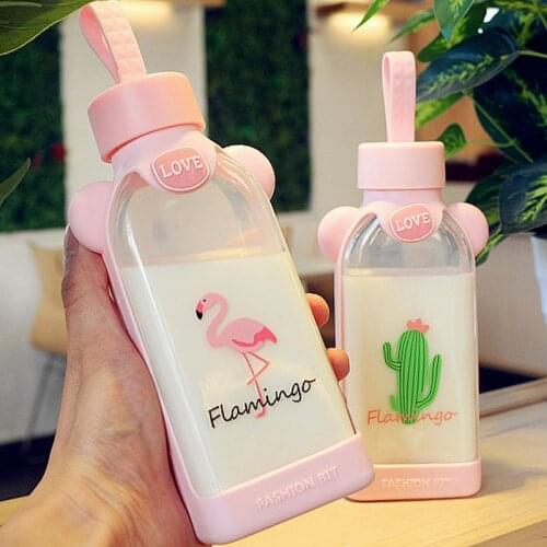 350ml Cute Flamingo Flat Glass Water Bottles Anti-fall and Anti-hot Fruit Juice Milk Water Cup Gift for Girl Student