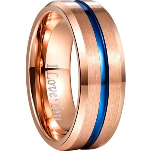 8mm Width Tungsten Carbide Ring Full Rose Gold Color Blue Groove Angle Wedding Band Tungsten Steel Ring Mens Ring