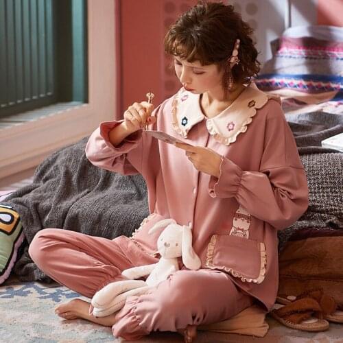 Fast Shipping Cotton Womens Pajamas Set Autumn Winter Pyjamas Cartoon Sleepwear Sexy Home Clothes For Women Lingerie