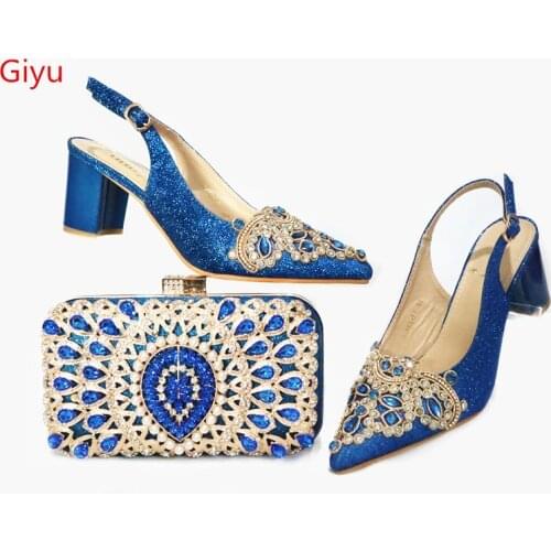 Doershow beautiful blue Italian Shoes With Matching Bags African Women Shoes and Bags Set For Prom Party Summer Sandal! SBK1-6