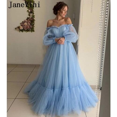 JaneVini Elegant Light Sky Blue Long Sleeve Dress Evening Off Shoulder A Line Tulle Formal Dresses Evening Party Wear Jurk Lang