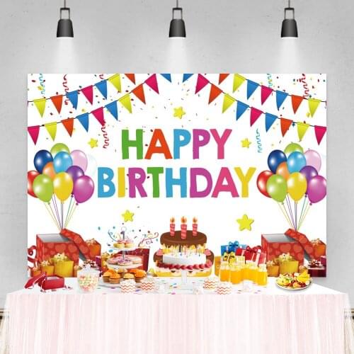 Laeacco Cartoon Cake Colorful Balloon Flag Gift Newborn Birthday Backdrop Photography Background For Photo Studio Photophone