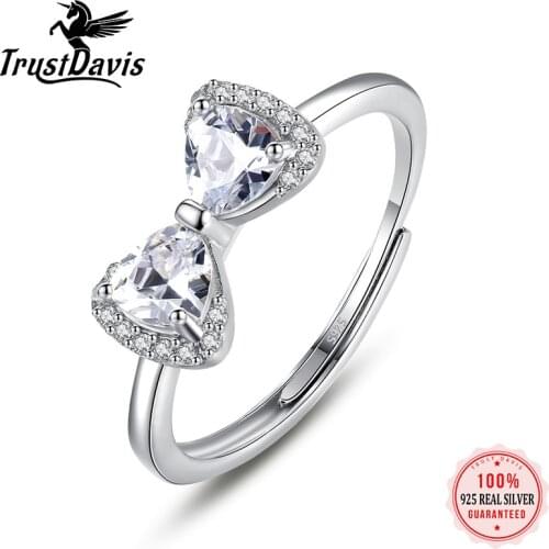 TrustDavis Real 925 Sterling Silver Sparkling Bowknot Adjustable Rings Women Pave AAA CZ Engagement Fashion Jewelry Gift L214