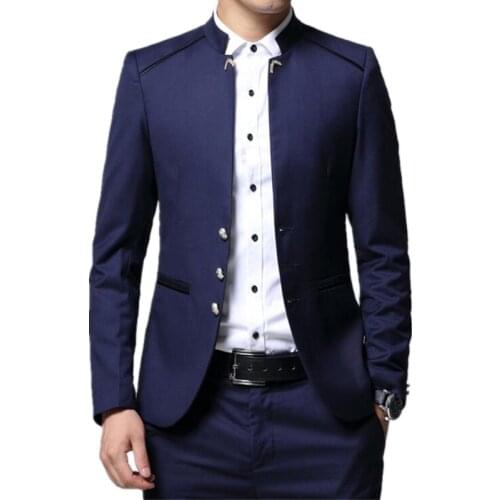 Mens Suit 2 Piece Set Slim Fit Jacket Pants Wedding Banquet Male Stand Collar Solid Color Business Casual Blazer Coat Trousers