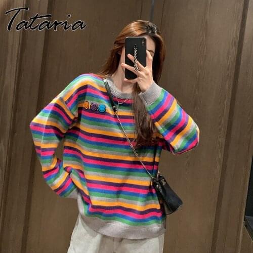 Sweet Striped Rainbow Sweater Pullover Womens Sweaters Autumn Winter 2021 Classic Knitted Blouse Soft Girl Basic Knit Jumper Top