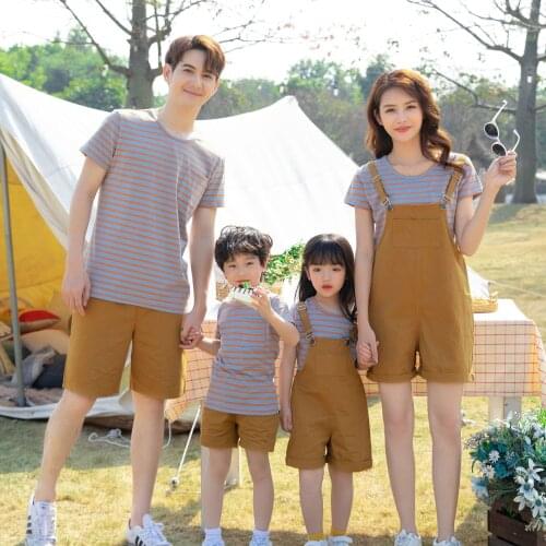 2021 family matching outfits parents child Tee shirts summer korean mommy and daughter suspender trousers father and son shorts
