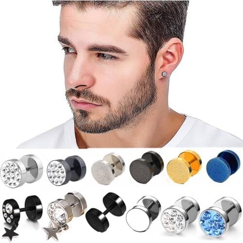 Stainless Steel Mens Earrings Black/Gold/Silver Color Stud Earrings for Boys Czech Crystals Ear Plug Ear Studs Piercing Jewelry