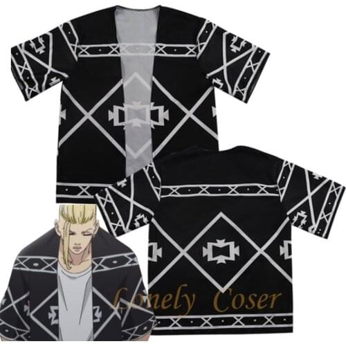 Anime Tokyo Revengers Cosplay Cloak Black T-shirt Ken Ryuguji Haori Kimono Top Shirts Tee for Summer Halloween Party Role Play