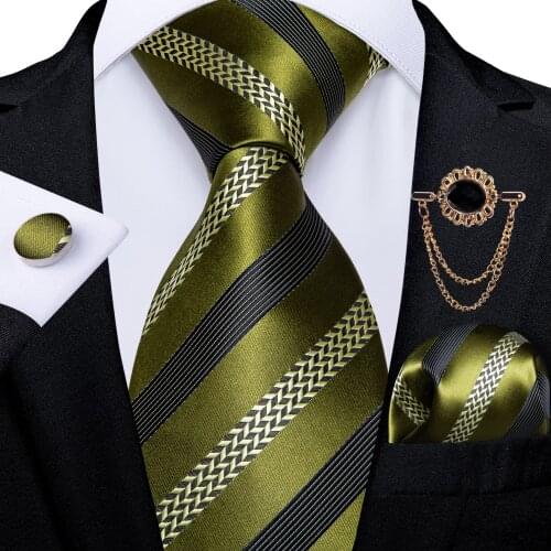 Olive Green Striped Fashion Ties For Men 8cm Silk Neck Tie For Wedding Party Accessories Hanky Cufflinks Brooch Tie Set DiBanGu
