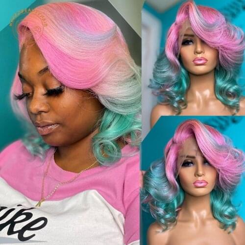 Ombre Lace Frontal Wigs Pink Blue Wavy 13X4 Lace Front Wig 180% Density Ombre Colored Human Hair Wigs 2 Tones Closure Wigs