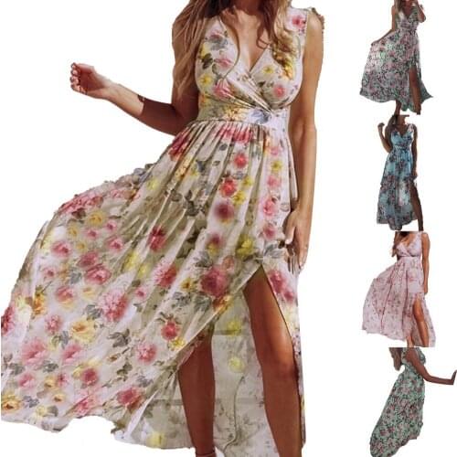 Sexy Women Maxi Dress Waist Tight Floral Print Slit Hem Sleeveless Long Dress for Party Female Casual Holiday Party Lady Vestido