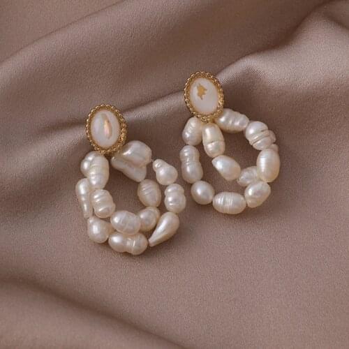 VSnow Unique Design Double-Layer Freshwater Pearl Dangle Earring for Women Temperament Oval Beaded Hollow Metal Earring Jewelry