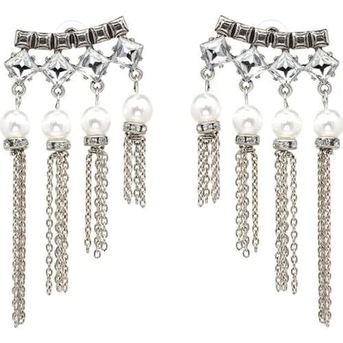 New Design Vintage Silver Color Metal Chain Tassel Earrings for Women Imitataion Pearl Jewelry Accessories Wholesale