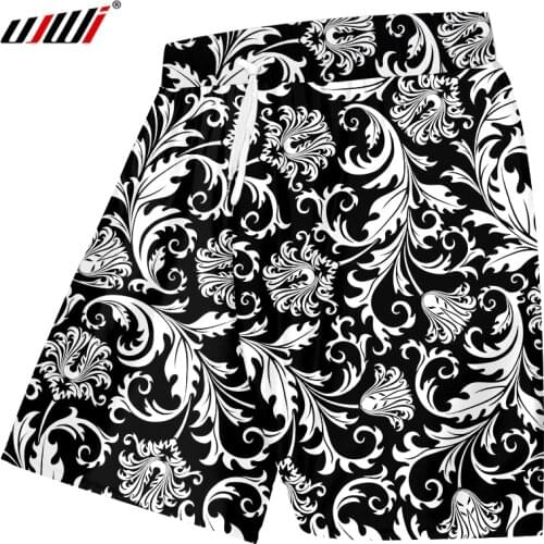 UJWI Men Summer Beach Shorts Hot 3D Printed Baroque Black White Flowers Streetwear Big Size Costuming Mens Sweatpants Wholesale
