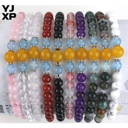 YJXP Handmade Minimalist 6-8mm Beads Natural Amethysts Rose Pink Quartzs Crystal Spiritual Energy Bracelet Fashion Jewelry