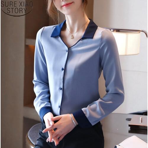 Fashion Loose Blue Chiffon Blouse Korean Office Lady Shirts Women 2021 Autumn Solid V-Neck Long Sleeve Cardigan Women Tops 11051
