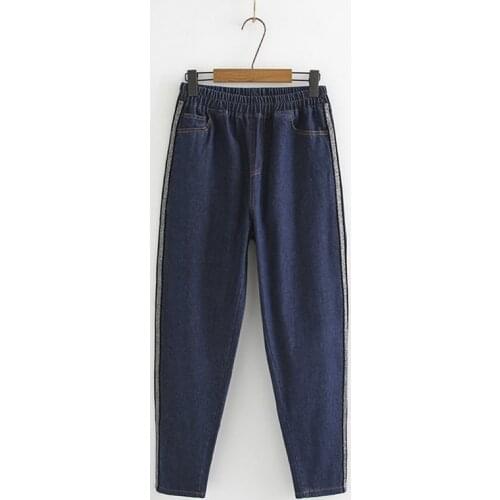 Plus Size Womens Elastic Waist Jean Casual Striped Long Denim Trousers