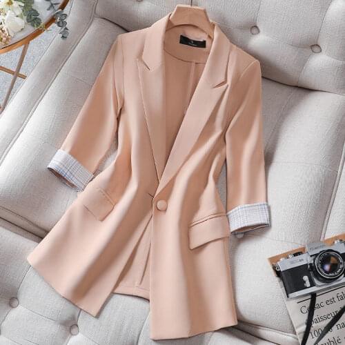 Office Lady Formal Uniform Blazers 2021 Summer Fashion Single Button Suit Jacket Three-quarter Sleeve Top Blazers Women