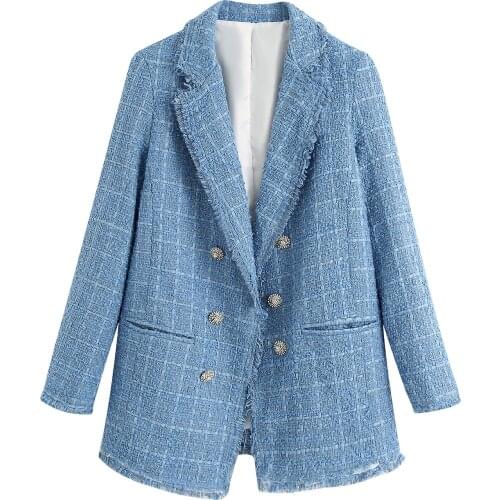 Blue suit womens imitation woolen cloth new style double-breasted jewelry button decoration elegant elegance blazer