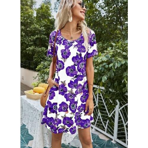 Summer Dress Women Rose Print Short Dresses Femme Robe Casual Short Sleeve Womens Clothing 2021 Vintage Dress For Woman Vestido