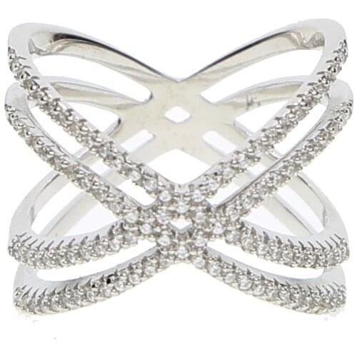 100% pure 925 sterling silver girl women ladies gift micro pave clear CZ Double cross Criss X wedding engagement finger ring