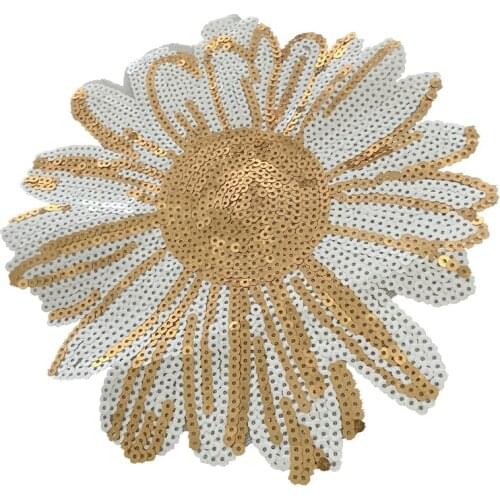 WUYUCONG Gold and White Sequined Sunflower Patches Sew on Sun Flower Embroidery Appliques for Clothes 1 Piece