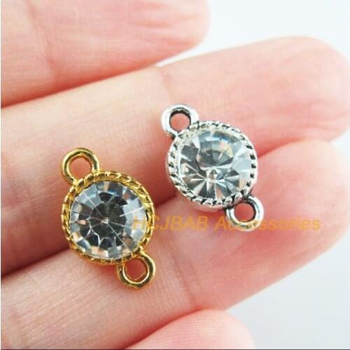 12Pcs Retro Gold Tibetan Silver Tone Round Clear Crystal Charms Connectors 10x16mm