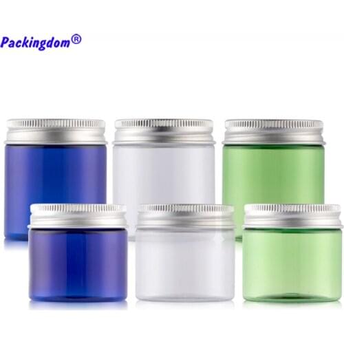 20pcs Container Plastic Jar Cosmetic Packaging Aluminum Caps Pot Empty PET Blue Cream Green Clear PVC Pull Pad Cookie Jars 50g