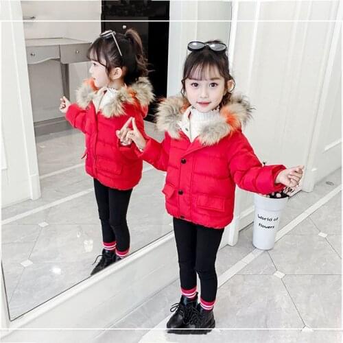 2021 Hooded Fur Baby Girls Jacket Winter Warm Boy Coat Outdoor Fashion Children Outerwear Cotton Windproof Kids Snowsuit Clothes
