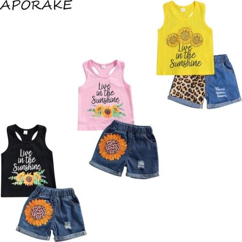2021 0-4Y Casual Kids Baby Girl Boy Clothing Set Letter Print Sleeveless Top Vest+Leopard/Sunflower Holes Rolled Denim Shorts
