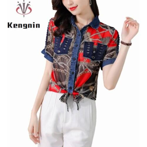 Blusas Mujer De Moda 2021 Summer Womens Shirt Print Chuffon Spliced Denim Female Tops Bow Loose Lady Blouses and Shirts KE1385