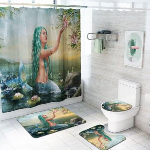 Long-haired Beautiful Mermaid Waterproof Shower Curtains Set Bathroom Decor Curtains Pedestal Rug Toilet Lid Cover Bath Mat