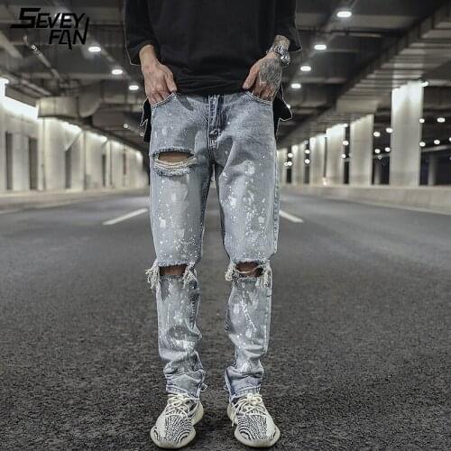Fashion Ripped Blue Jeans Men Hi Street Zipper Printed Hole Hip Hop Jean Pants Hipster Nightclub Slim Denim Trousers for Male