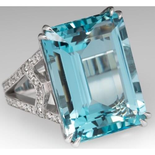 Princess square blue ctystal topaz aquamarine gemstones elegant rings women white gold silver color jewelry bague gifts fashion