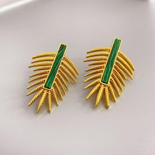 European and American new style pine needles earrings female inlaid malachite exaggerated earrings