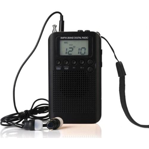 HRD-104 Portable AM/FM Stereo Radio Pocket 2-Band Digital Tuning Radio Mini Receiver w/ Earphone Lanyard 1.3" LCD Display Screen