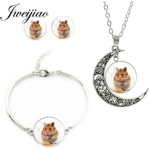 JWEIJIAO Small Pet Hamster Mouse Charm Necklace Earrings Bracelet Jewelry Sets Glass Gems Picture Pendant Collar Collier QF505