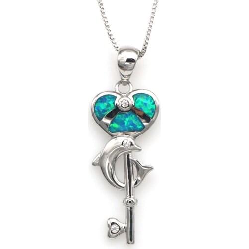 JZP0102 New women key heart-shaped necklace pendant blue opal heart-shaped key necklace pendant wholesale fashion jewelry